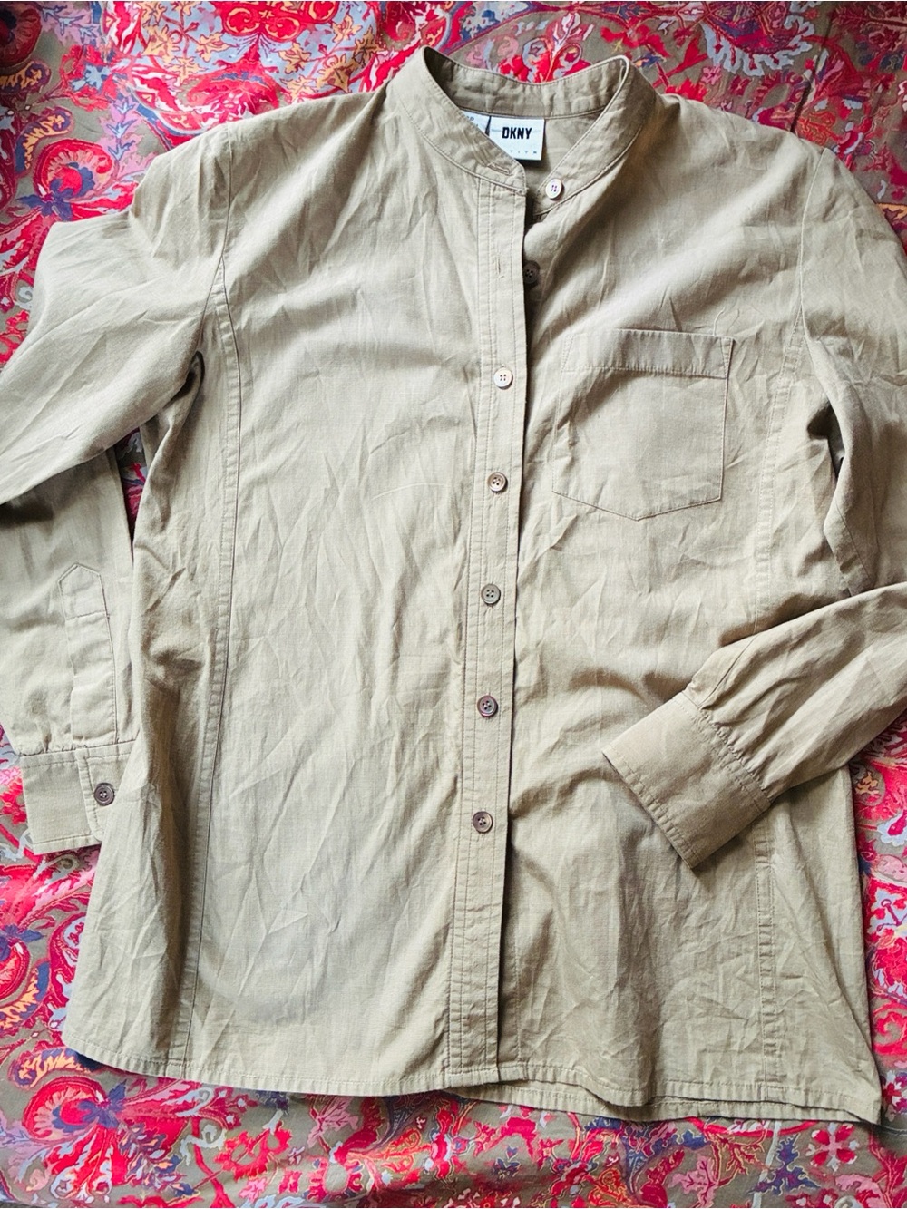 DKNY women’s petite Light Tan Mandarin-Collar Button-Down Shirt 100 cotton